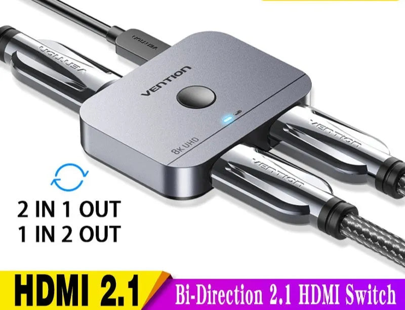 Grey alloy HDMI cable splitter for converting computer audio and video to two television screens.