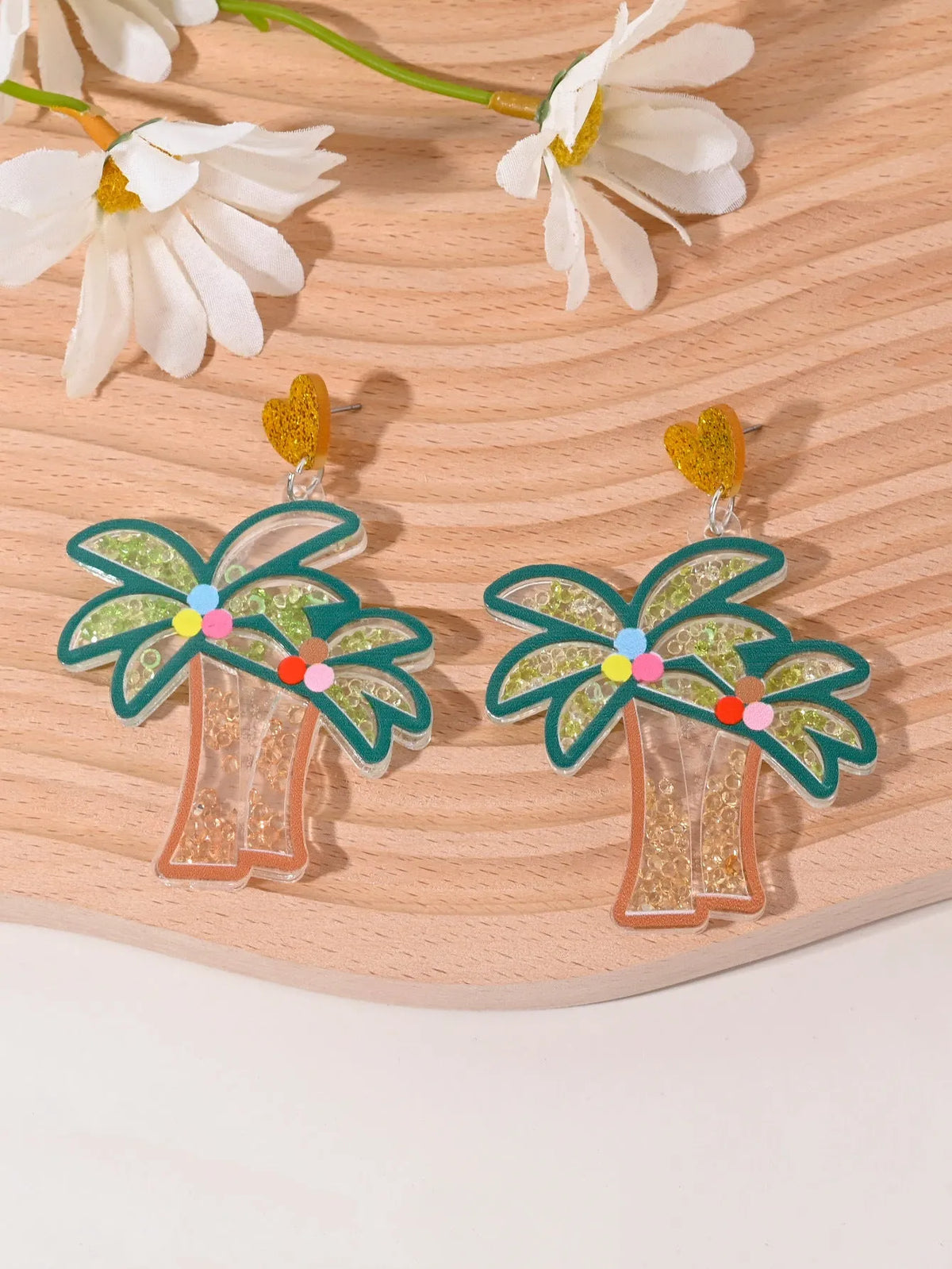 A pair of acrylic earrings shaped like a cherry, strawberry, watermelon, pineapple, coconut cake, or ice cream.