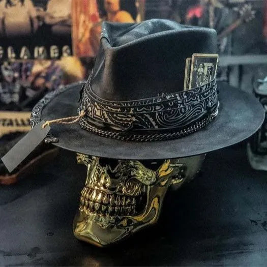 Handmade wool felt denim Halloween skull hat with conical crown design