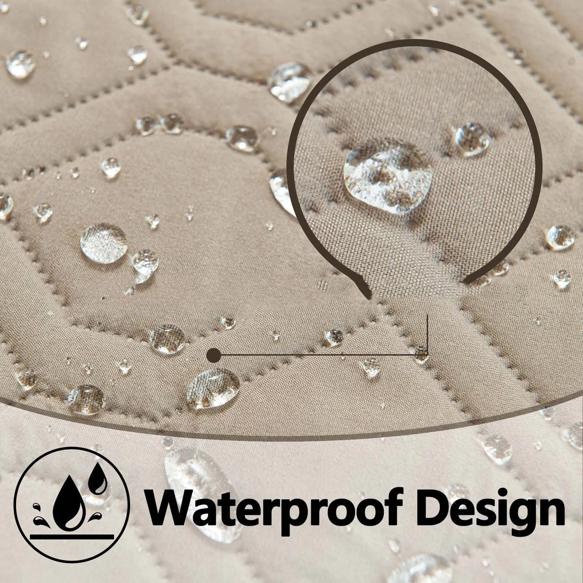 Reversible waterproof dog sofa cushion in khaki and beige, shown on a grey sofa.