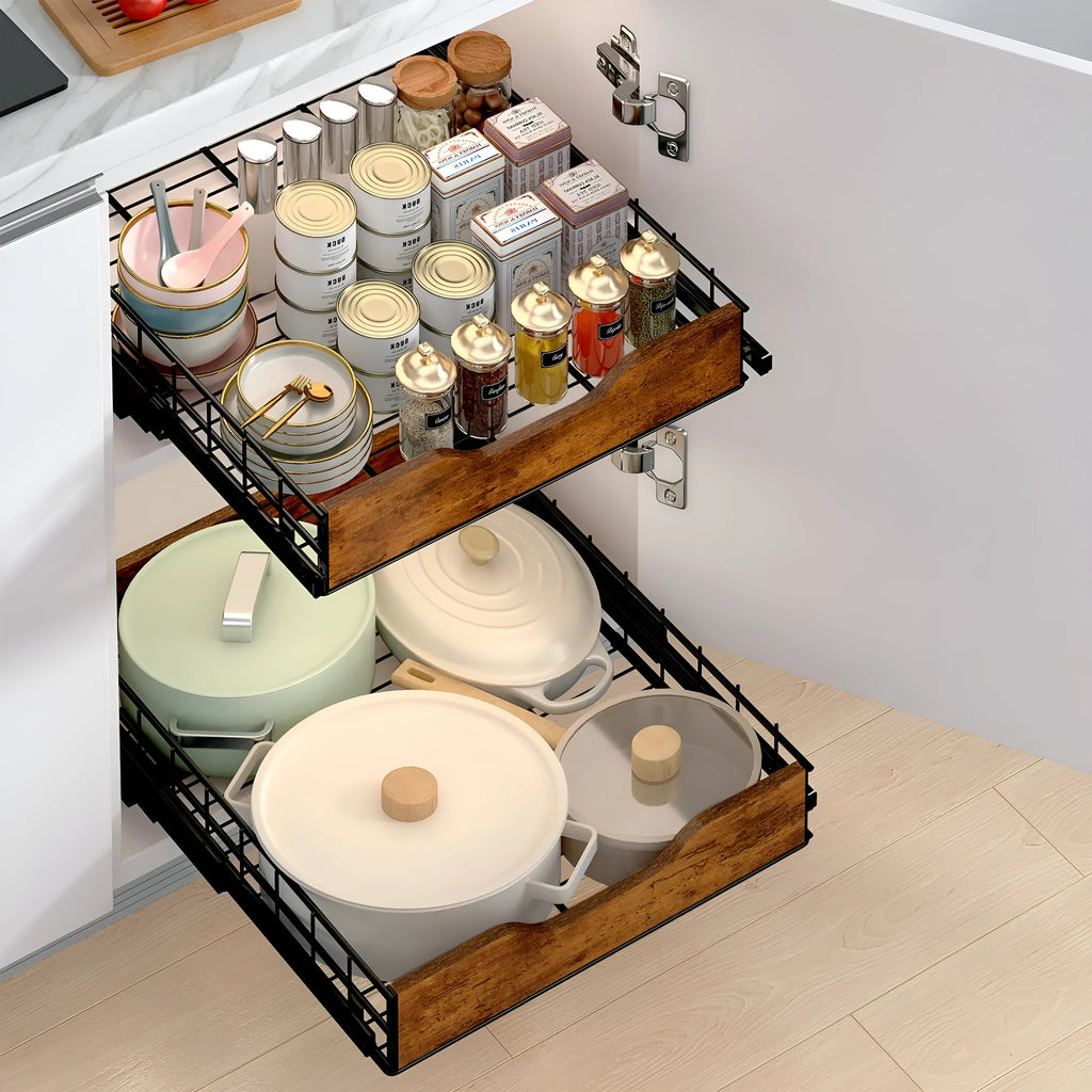 Black wood and iron pull basket storage drawer for kitchen organisation