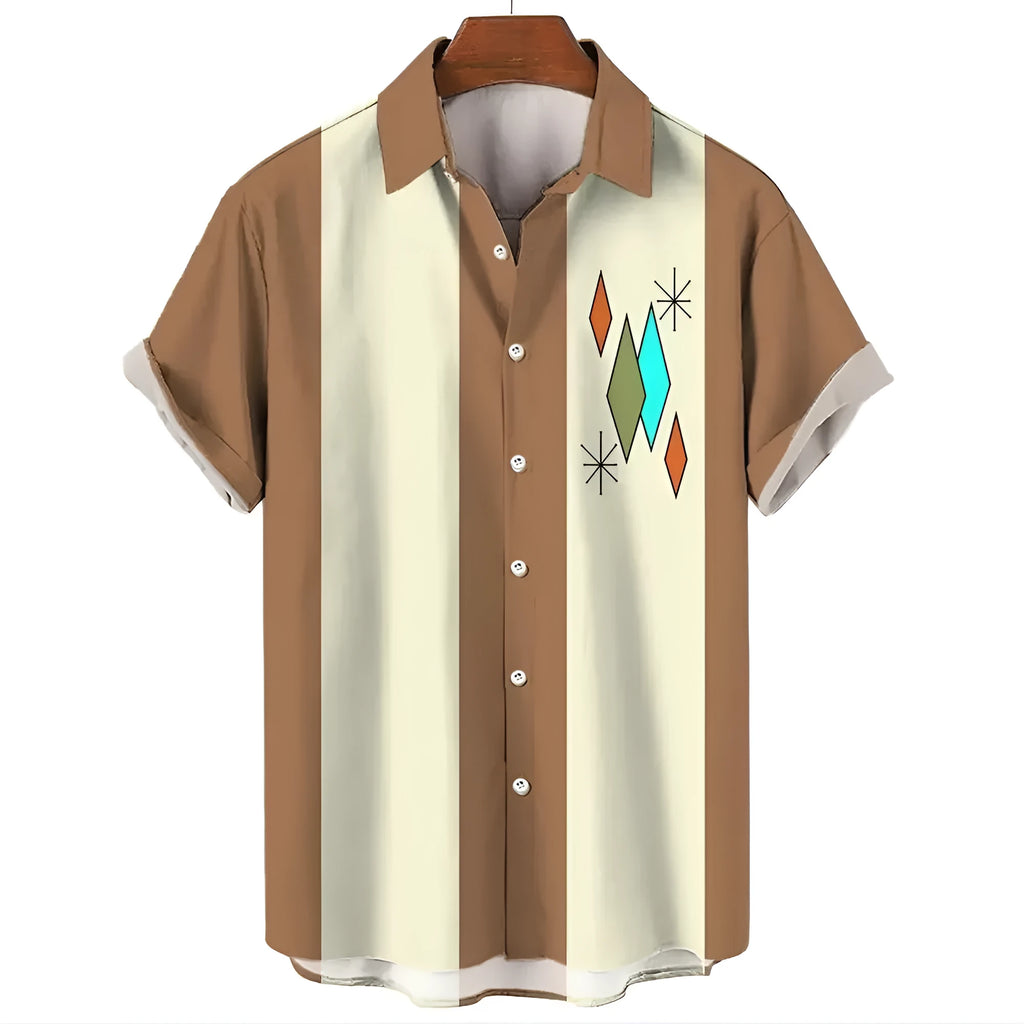 Men's striped Hawaiian casual button-up shirt with short sleeves in a cardigan style.