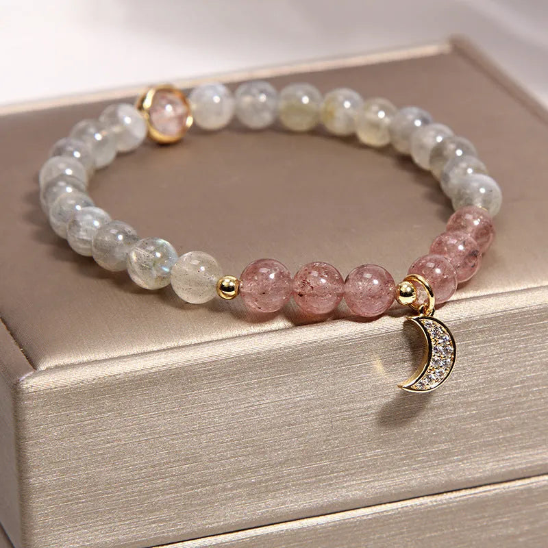 Women's multi-strand crystal bracelet with garnet, pearl, quartz, and jade pendants in Korean style design.
