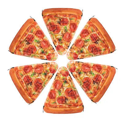 Large inflatable pizza slice surfboard recliner floating in a pool, showing its 175cm length and colourful design.