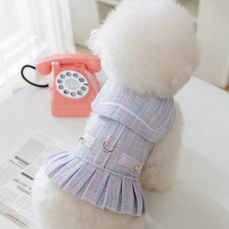 Salem purple or pink polyester pet clothing for a cat or small dog, shown in sizes S, M, L, XL.