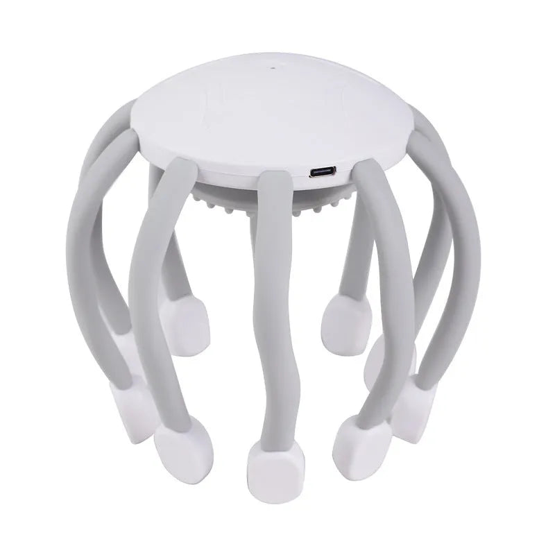 A handheld USB-powered head massager with multiple claws for scalp vibration and relaxation.