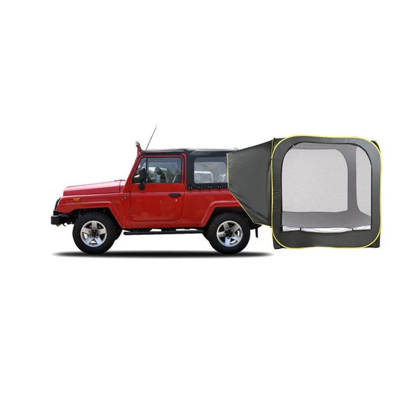 Black pop-up outdoor camping car tail tent with quick set-up, shown unfolded next to a vehicle.