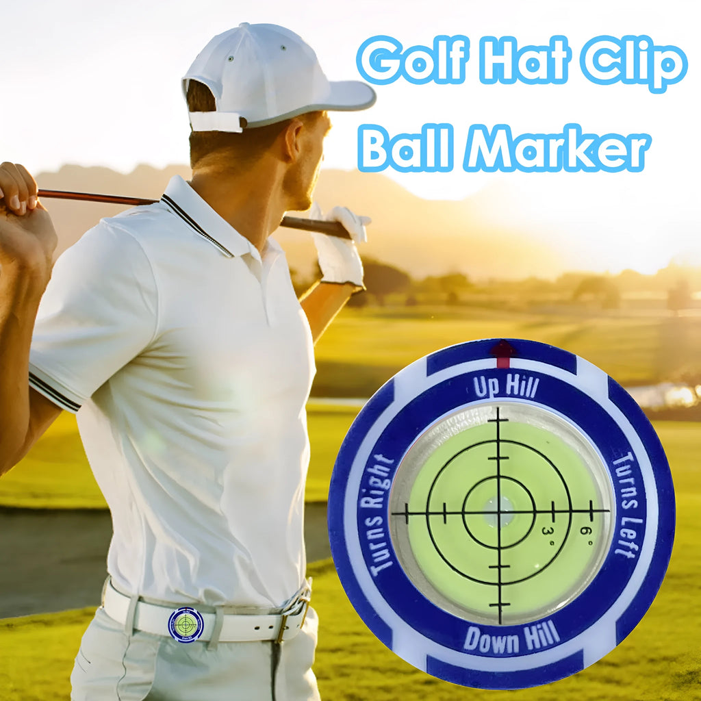 Golf level hat clip accessory with position mark in black, blue, and red colour options
