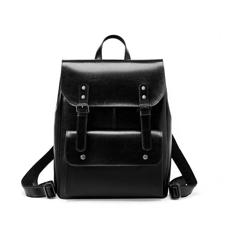 Women's cowhide leather computer backpack in black, brown, or coffee with hard structure and wear-resistant finish