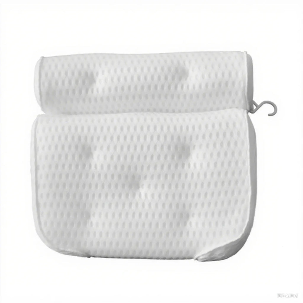 White bathtub pillow with 4D mesh material and seven suction cups showing 3D permeable construction