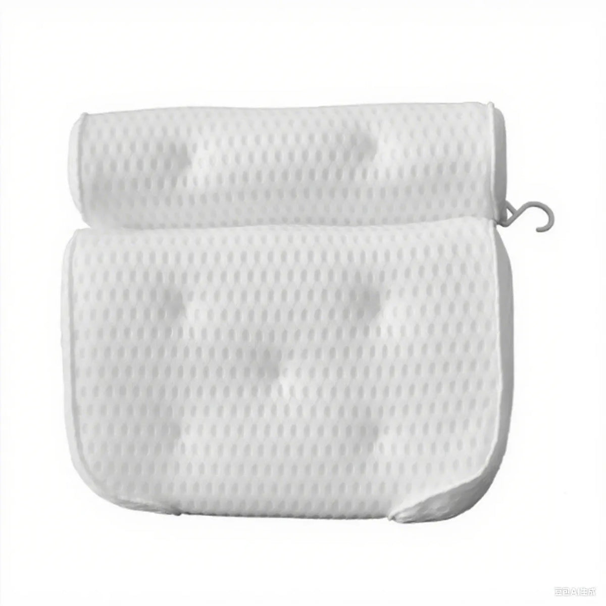 White bathtub pillow with 4D mesh material and seven suction cups showing 3D permeable construction