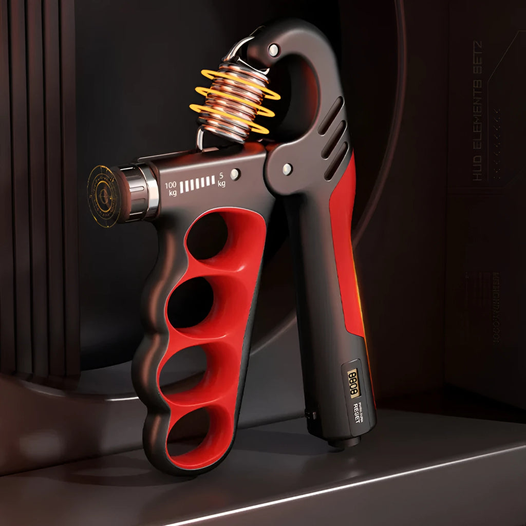 Electronic counter spring grip with adjustable resistance in orange, red, and grey display variants.