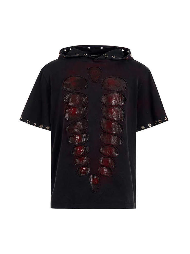 Black men's loose-fitting hooded t-shirt with short sleeves and sequin detailing.