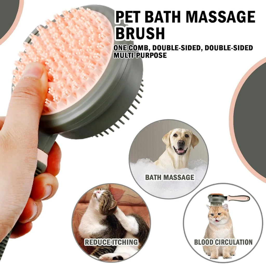 Green and pink double sided cat grooming brush with release button and flea comb