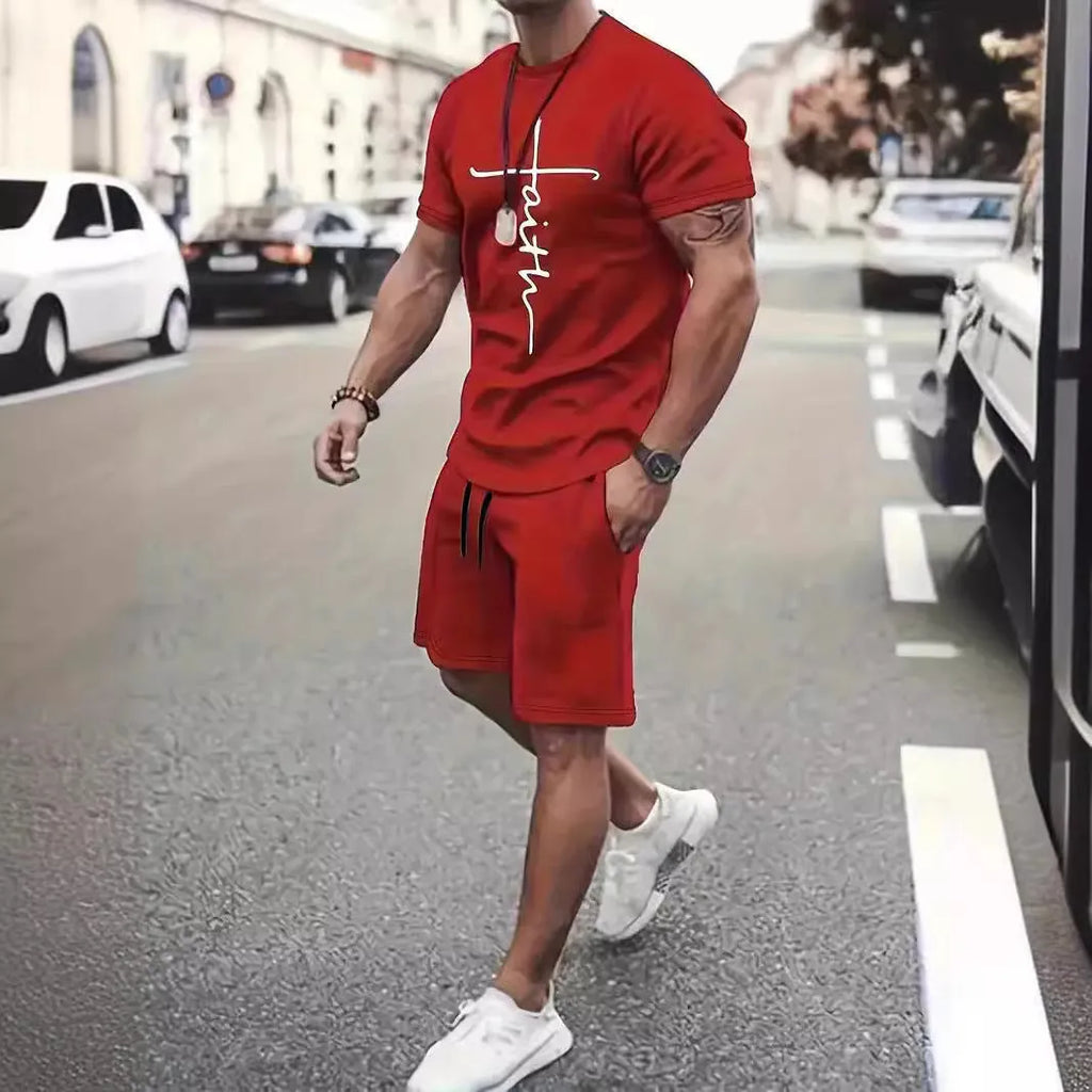 Two-piece casual sports suit with short-sleeved round neck top and shorts in polyester, 3D digital print, five colours.
