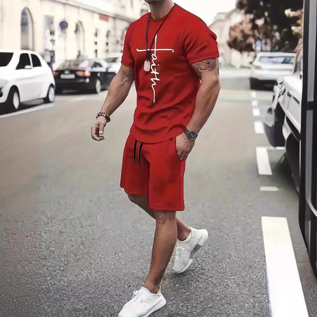 Two-piece casual sports suit with short-sleeved round neck top and shorts in polyester, 3D digital print, five colours.