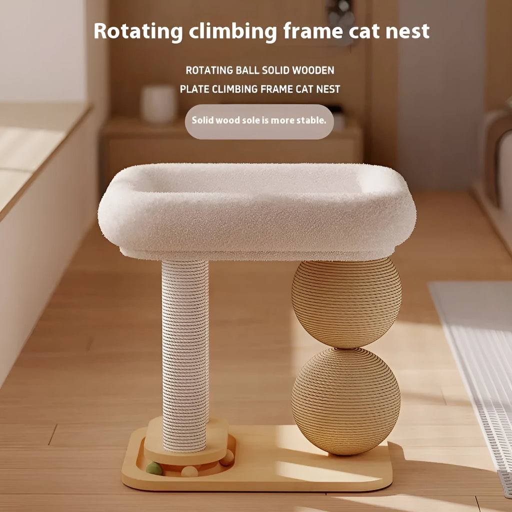 Pine wood cat bed with two integrated grasping balls in simple style