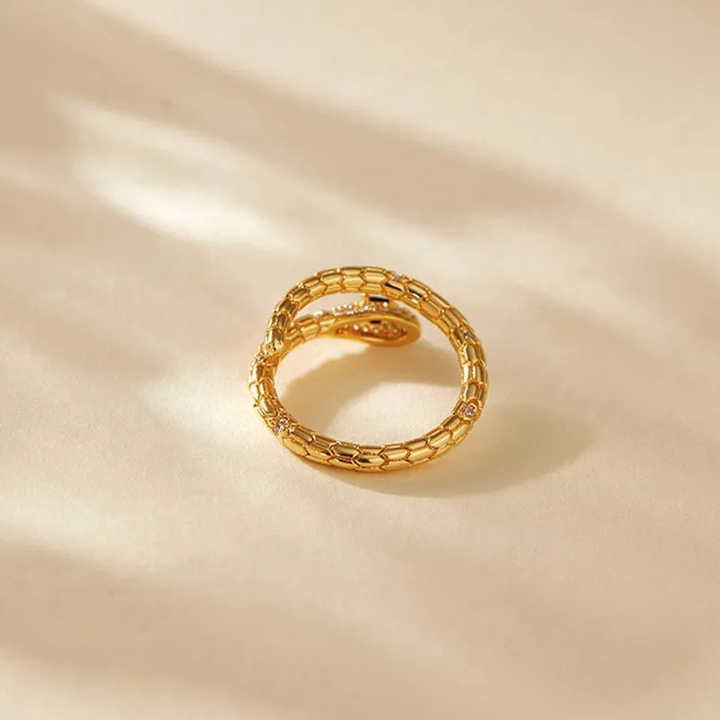 Adjustable copper snake ring with 18K gold colour plating and open mouth design