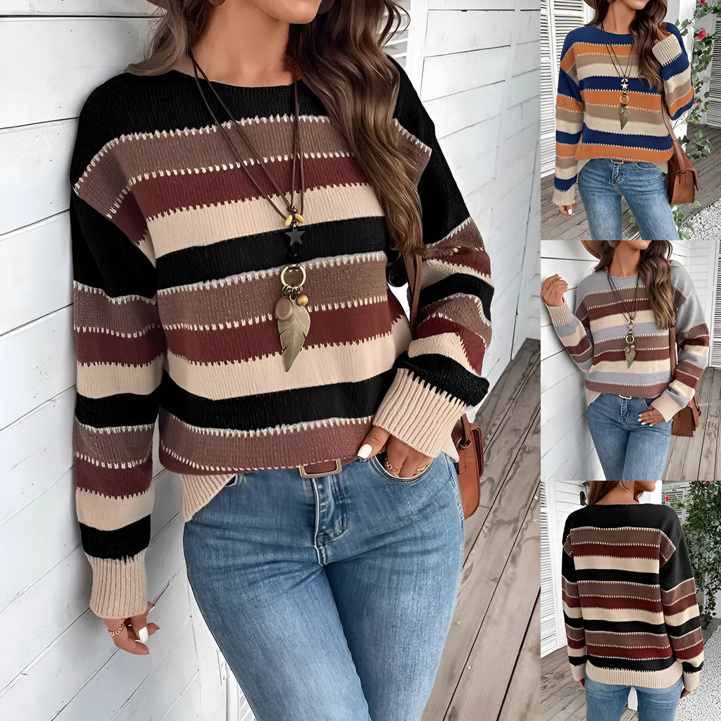 Women's colourblock striped polyester pullover sweater in black blue grey colours