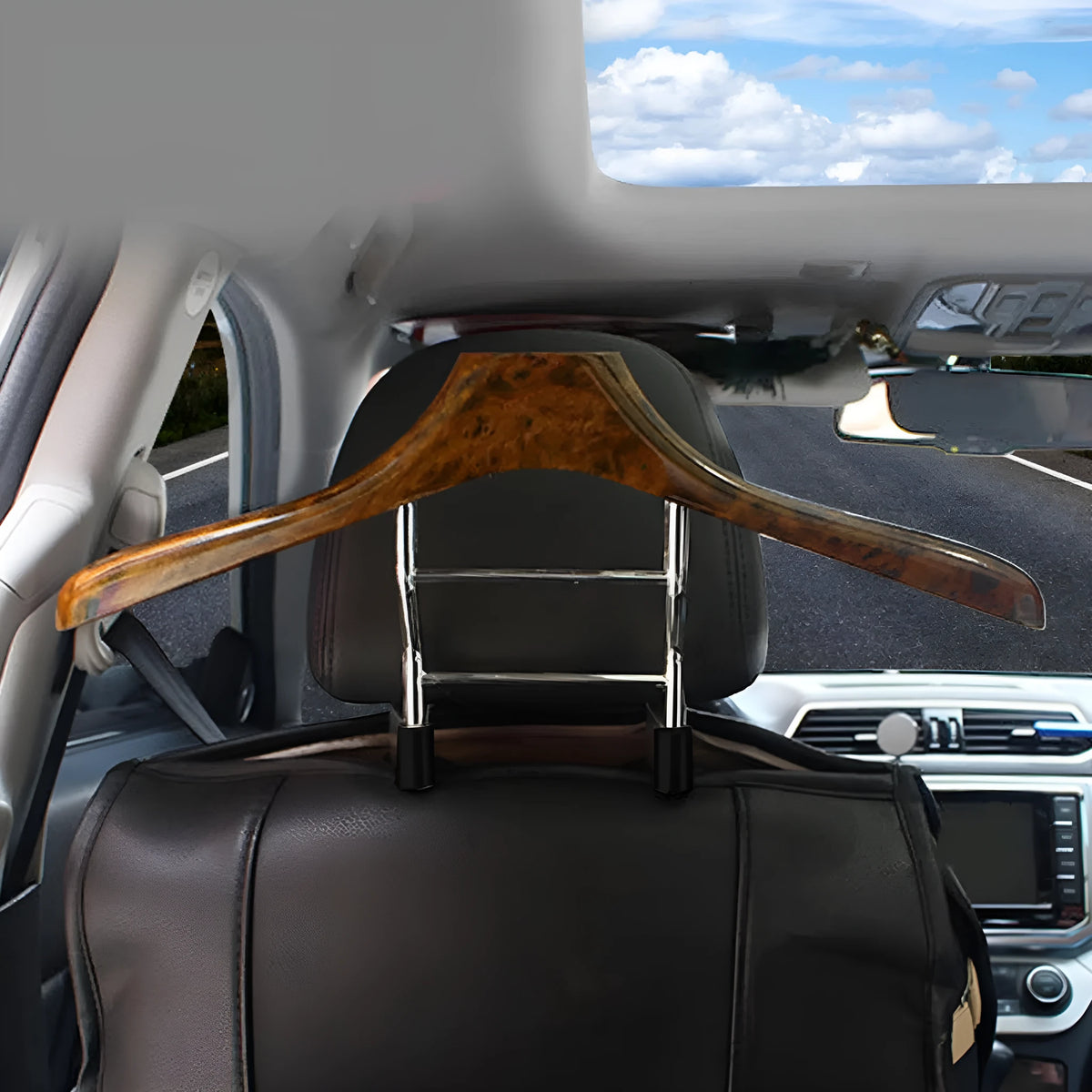 Wood yellow stainless steel car clothes hanger mounted on a car seat