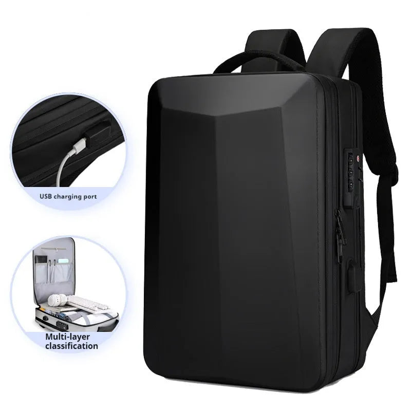 Black waterproof ABS PC business backpack with curved shoulder straps and street trend styling
