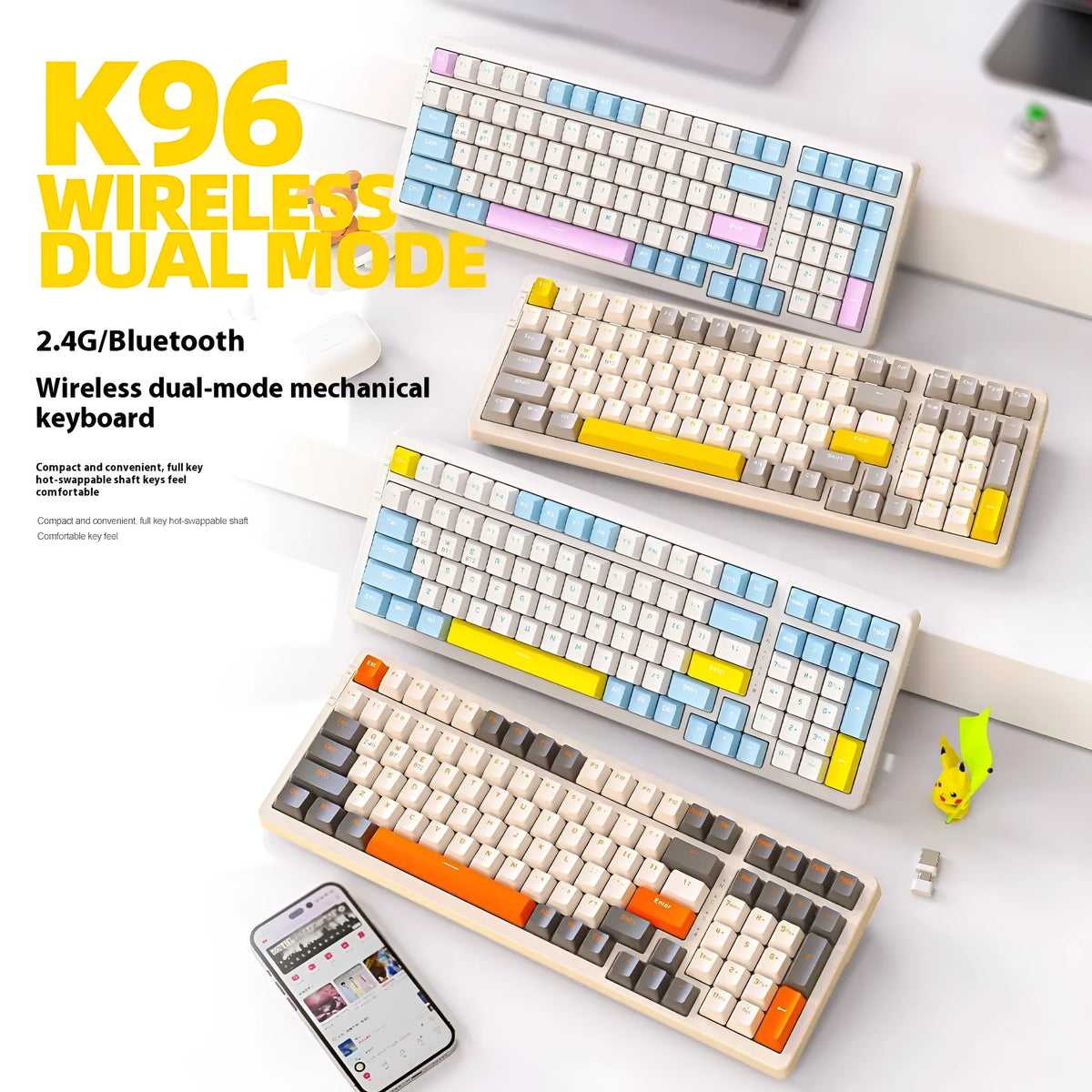 Free Wolf K96 Bluetooth mechanical keyboard in blueberry colour with red switches