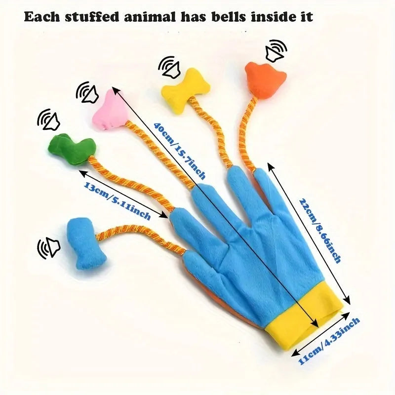 Blue and yellow plush cat toy with integrated bell measuring 40cm long