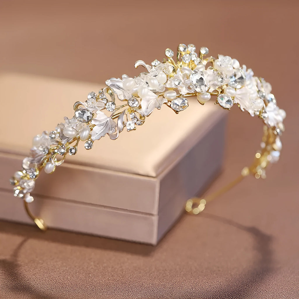 Gold or silver electroplated alloy pearl crown headdress women's hair accessory