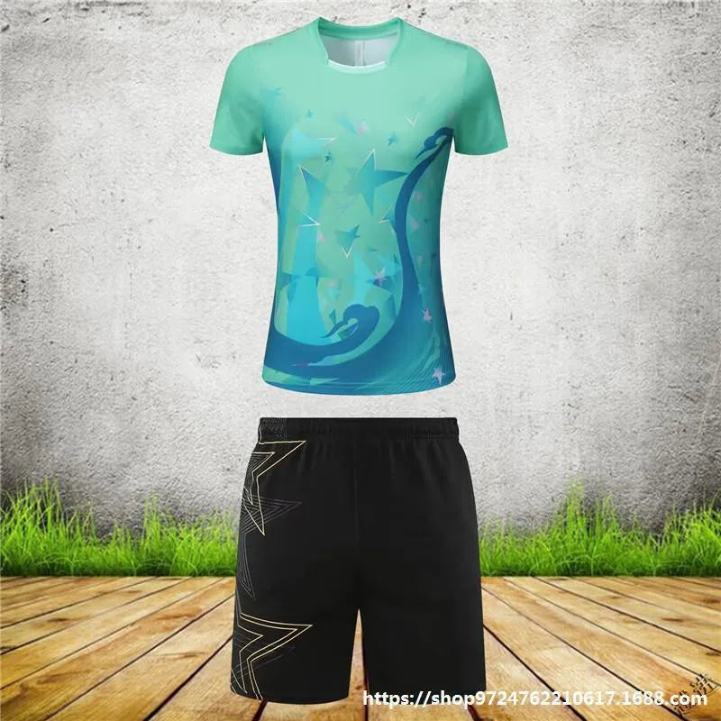 Badminton sportswear outfit with polyester fabric in multiple colour combinations including sapphire blue and purple options