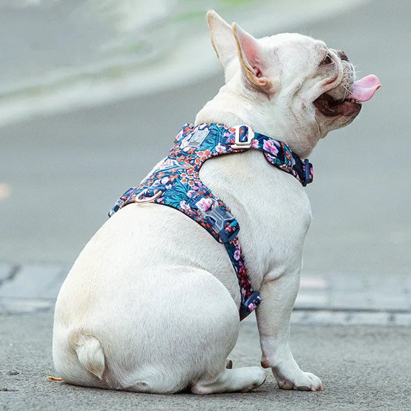 Pure cotton dog chest strap harness in a floral pattern colour, showing the pull-resistant design.