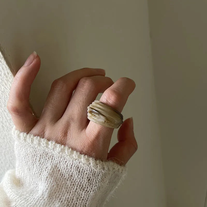 Chinese style irregular geometric resin wide ring in brown or white colour options