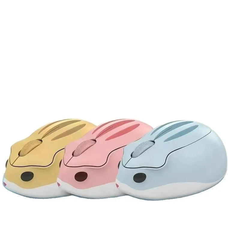 Hamster 109E model wireless Bluetooth silent mouse in grey, pink, or yellow colour.