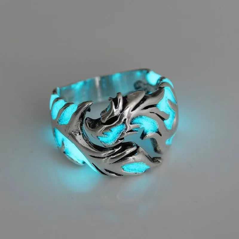 Chinese style adjustable ring with luminous dragon pattern in antique silver blue and green electroplated finish
