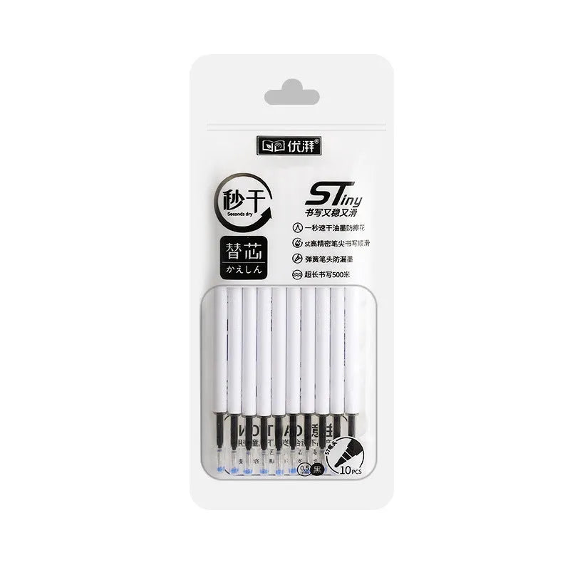 Pack of 10 quick-drying bullet push pen refills in black, red, blue, and ink blue colours.
