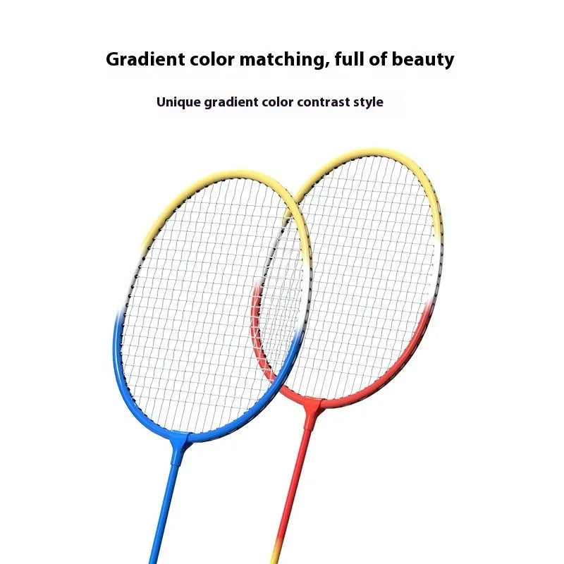 Pair of blue and red alloy badminton rackets showing split design and pre-strung condition