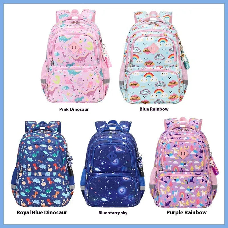 Children's waterproof Oxford school backpack in multiple dinosaur and rainbow pattern colour options