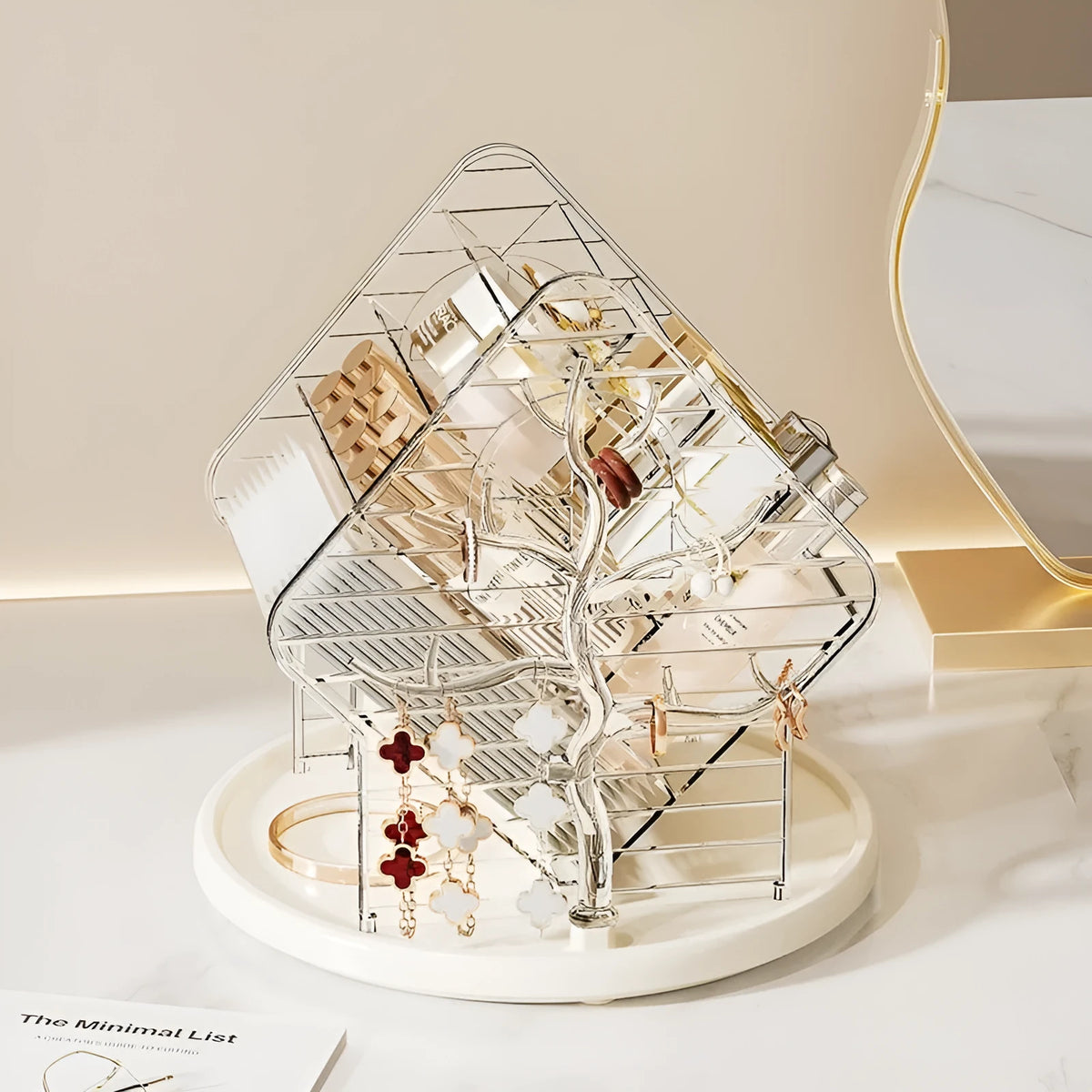 Rotating cosmetics storage box with 360-degree spin in clear transparent plastic