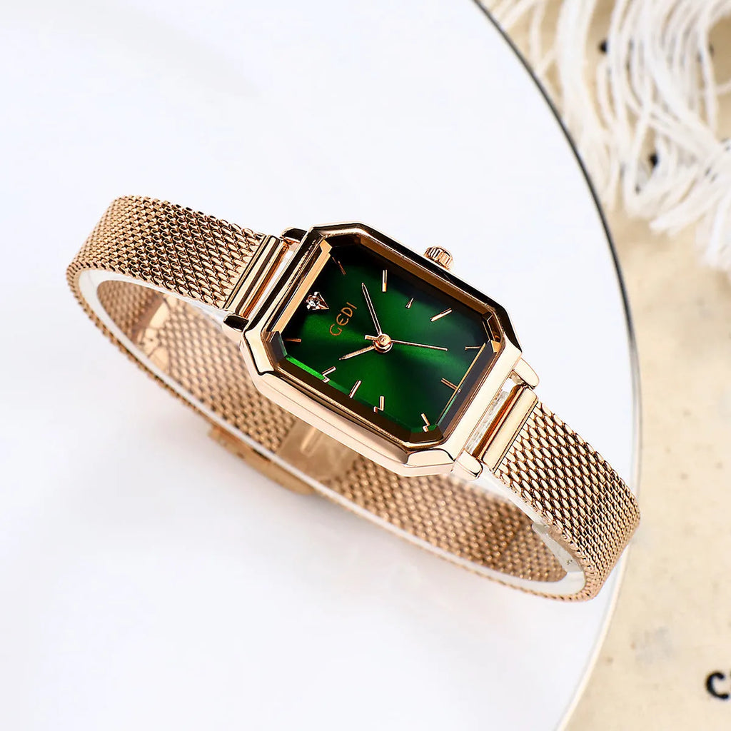 Women's rose gold square retro casual watch with slim 8mm case and multiple colour dial and strap options.