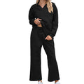 Women's black knitted jacquard sweater and elastic waist cropped trousers suit set on a hanger