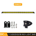 25-inch single row LED light bar with aluminium housing and mounting brackets for car or truck.