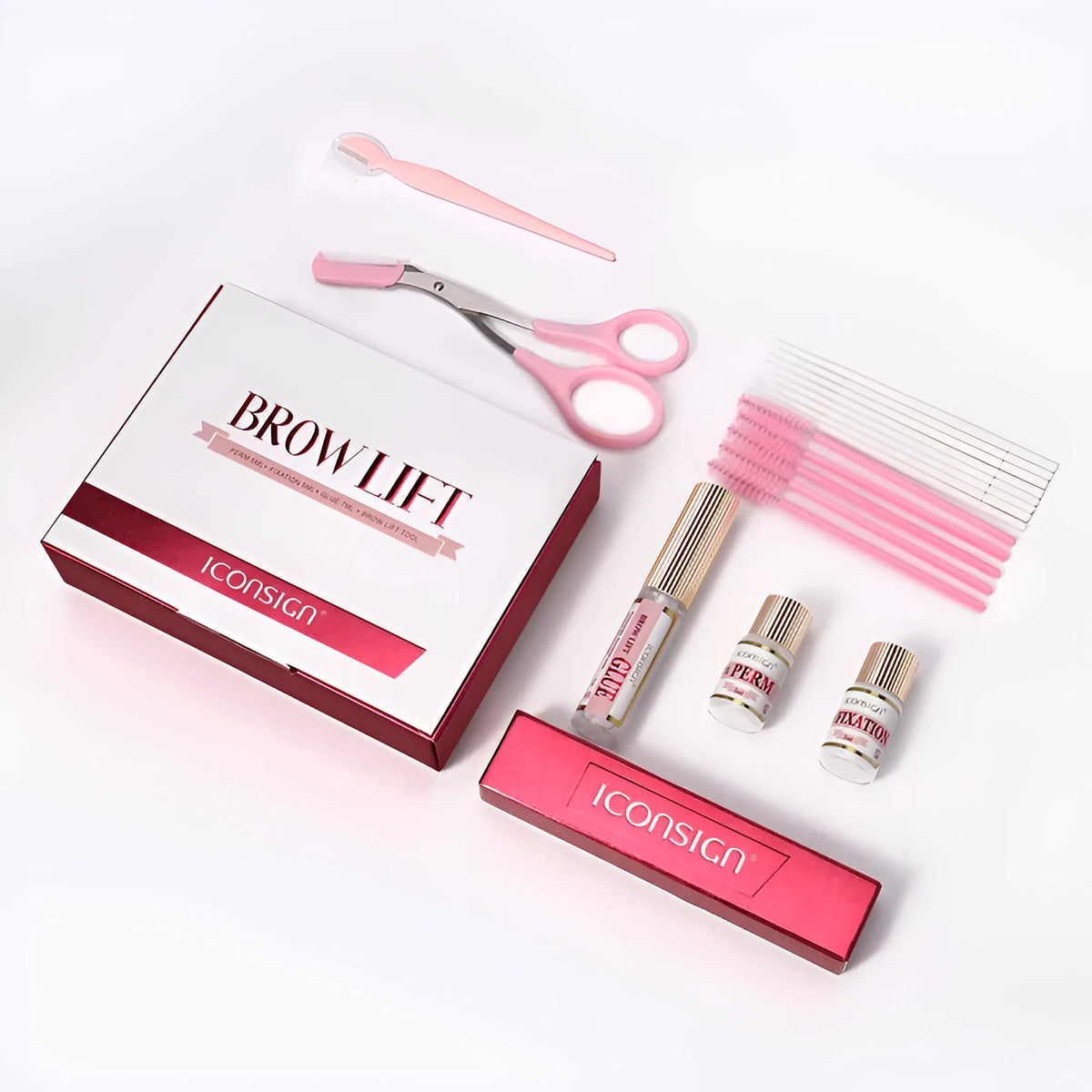 Pink eyebrow quick ironing perm kit with complete eyebrow styling tools and application implements