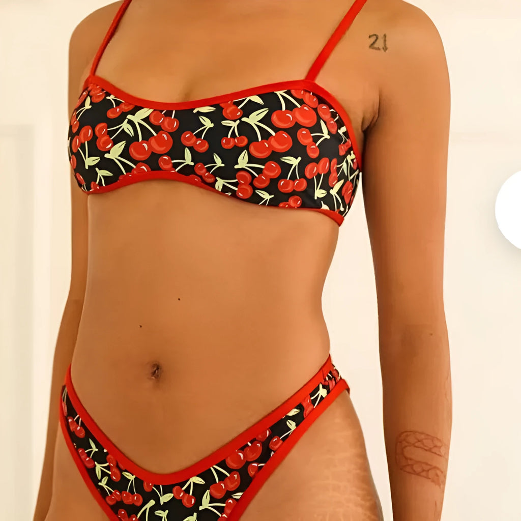 Women's cherry print floral pattern tube top bikini swimsuit in polyester fabric