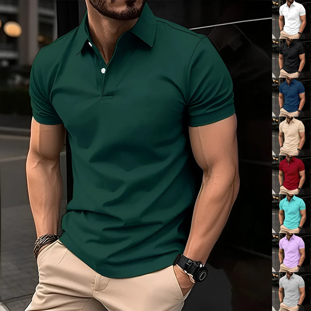 Men's short sleeve polo shirt in cotton mix fabric with button lapel collar in solid colour