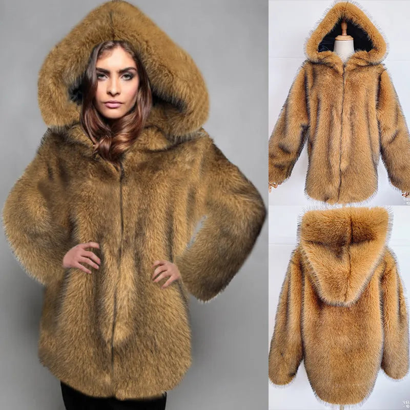 Loose silver grey artificial fur coat for women with a mid-length design.