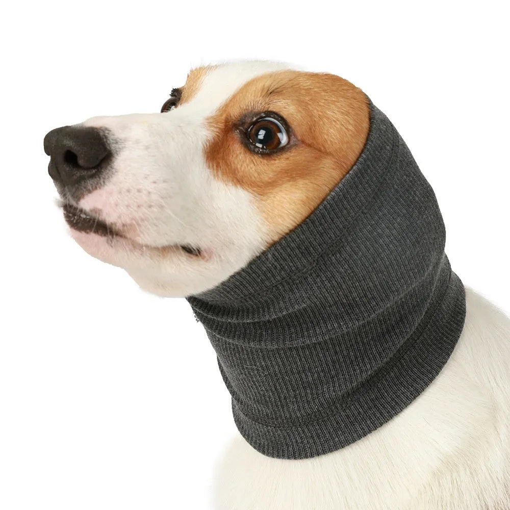 Blue and grey polyester dog headband scarf shown in S, M, L sizes