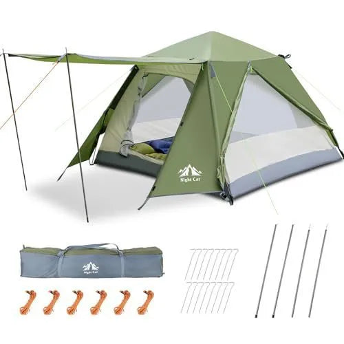 Dark green automatic pop-up camping tent with compact dimensions suitable for two people
