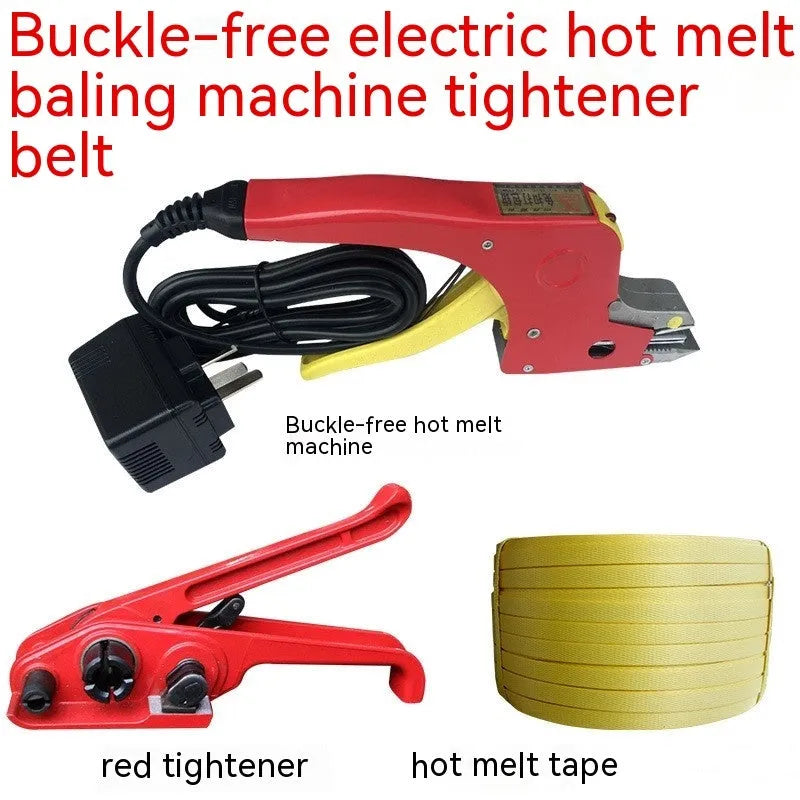 Electric hot melt packing machine suit with plastic steel tensioner and yellow packaging tape