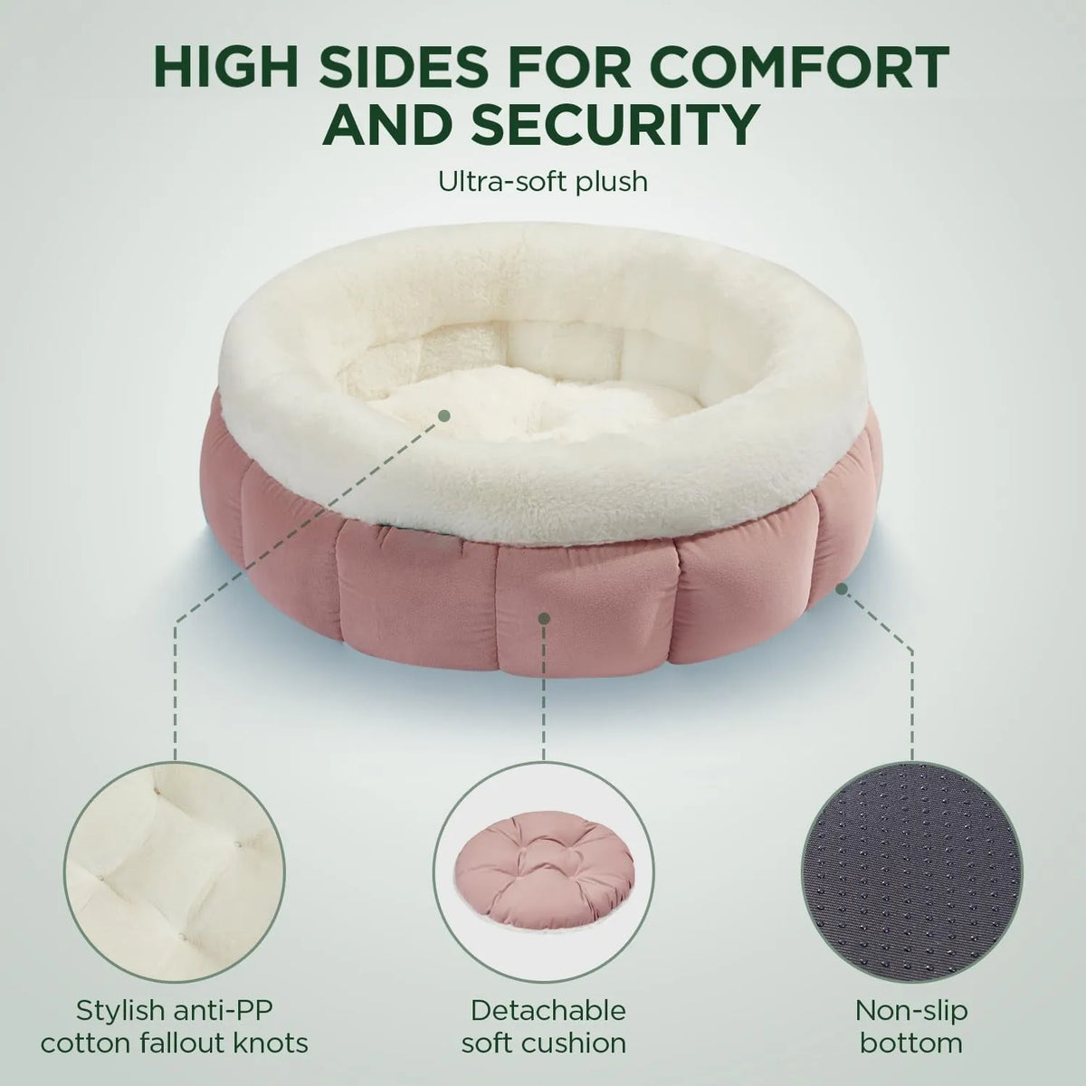 Round donut dog and cat bed in faux rabbit fur with anti-slip bottom and raised sides, available in five sizes