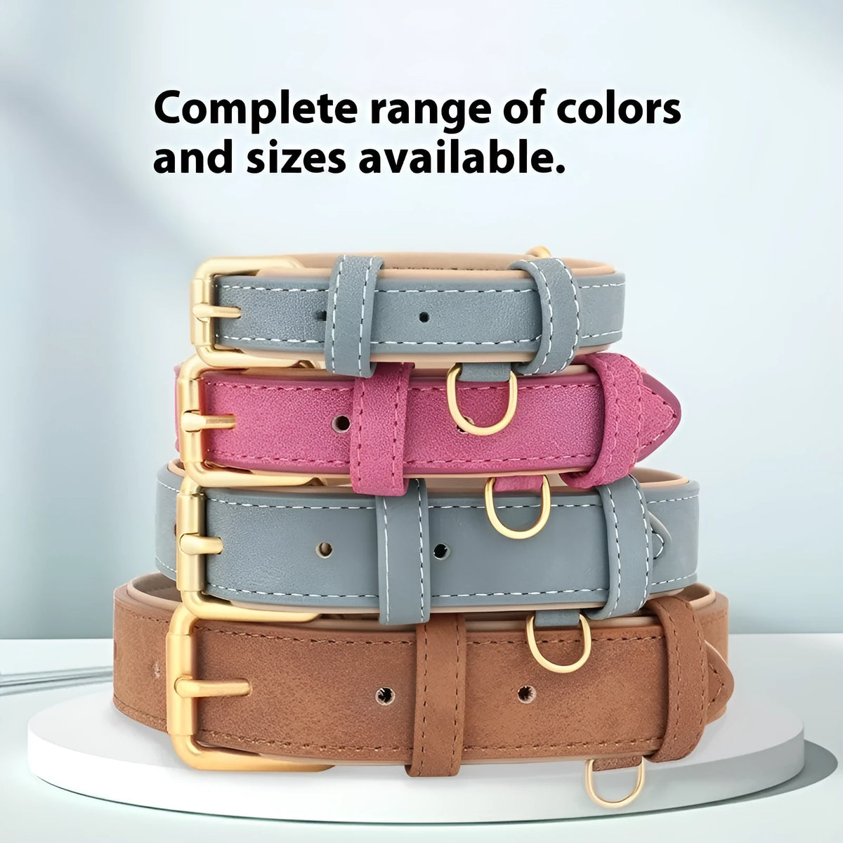 Double-layer leather dog collar and matching leash in rose red, brown, or blue colours with weight-based sizing