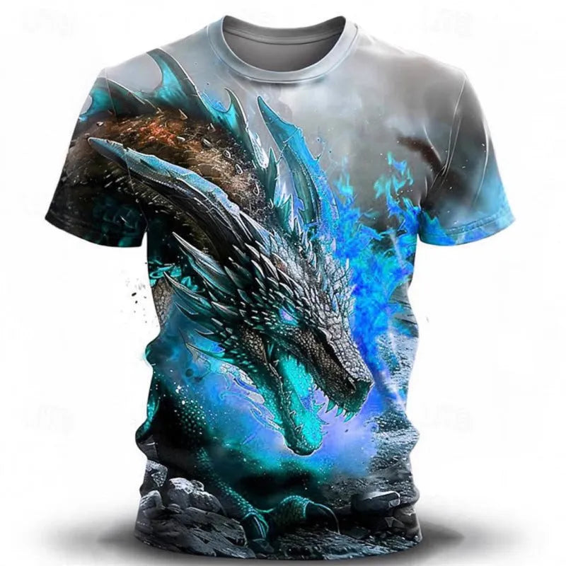 Men's grey T-shirt with a detailed 3D blue wind dragon print across the chest.